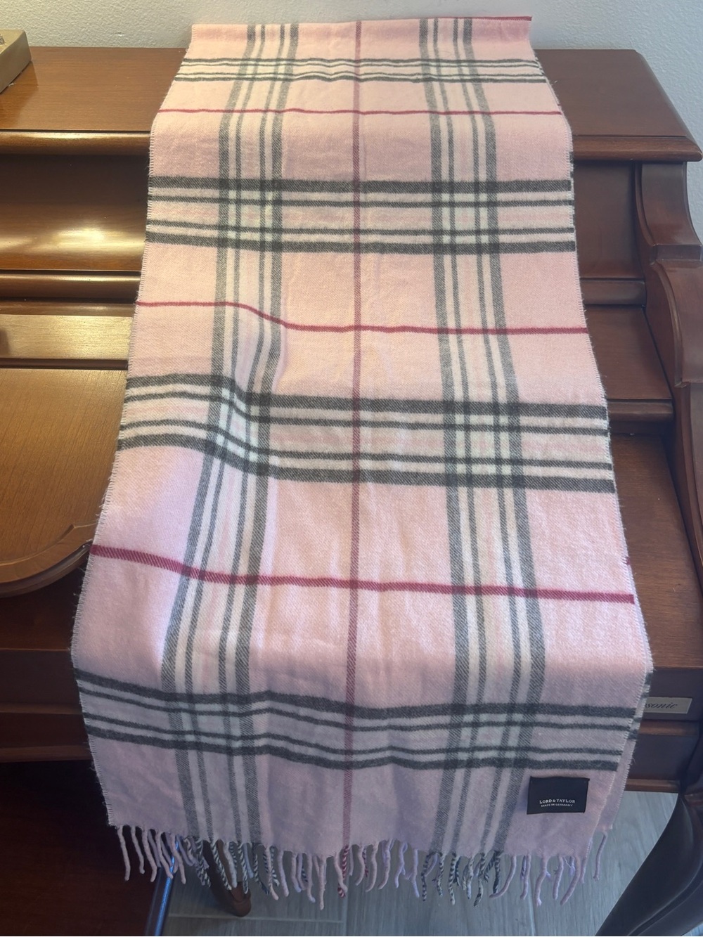 Lord & Taylor Pink Plaid Fringed Scarf Cashmink Soft